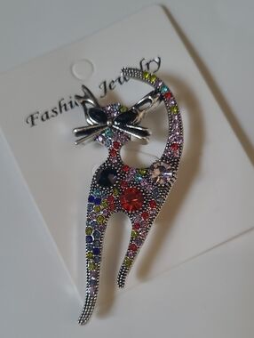 Multicolor Crystal Cat Brooch Pin - Fashion Jewelry